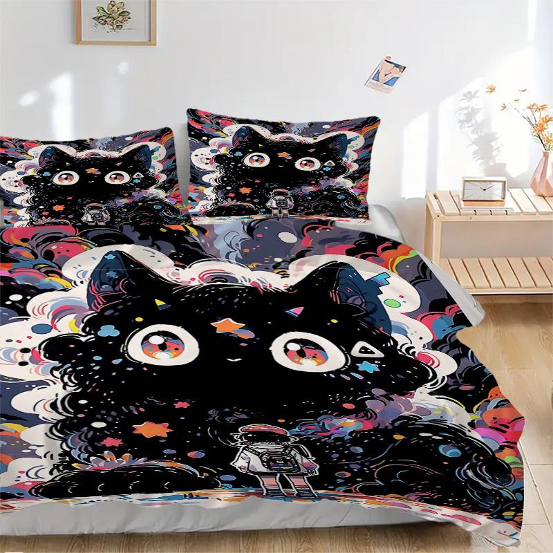 3pcs Giant Colorful Black Cat Print Bedding Set (1 Cover + 2 Pillowcases, Without Inserts), This Printed Bedding Set Is Soft and Comfortable