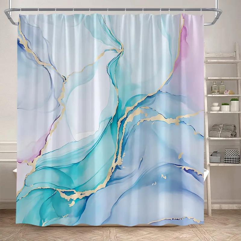 Abstract Marble Shower Curtains Black Green Textured Gold Crackle Modern Geometric Pattern Bathroom Curtain Decor Set with Hooks