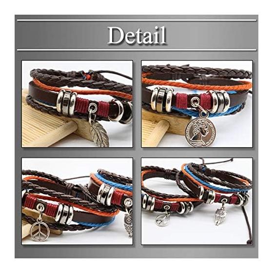 BUZZxSELECTION Men's Bracelet Leather Coin Piece Feather Braided Jewelry Synthetic Leather AC055