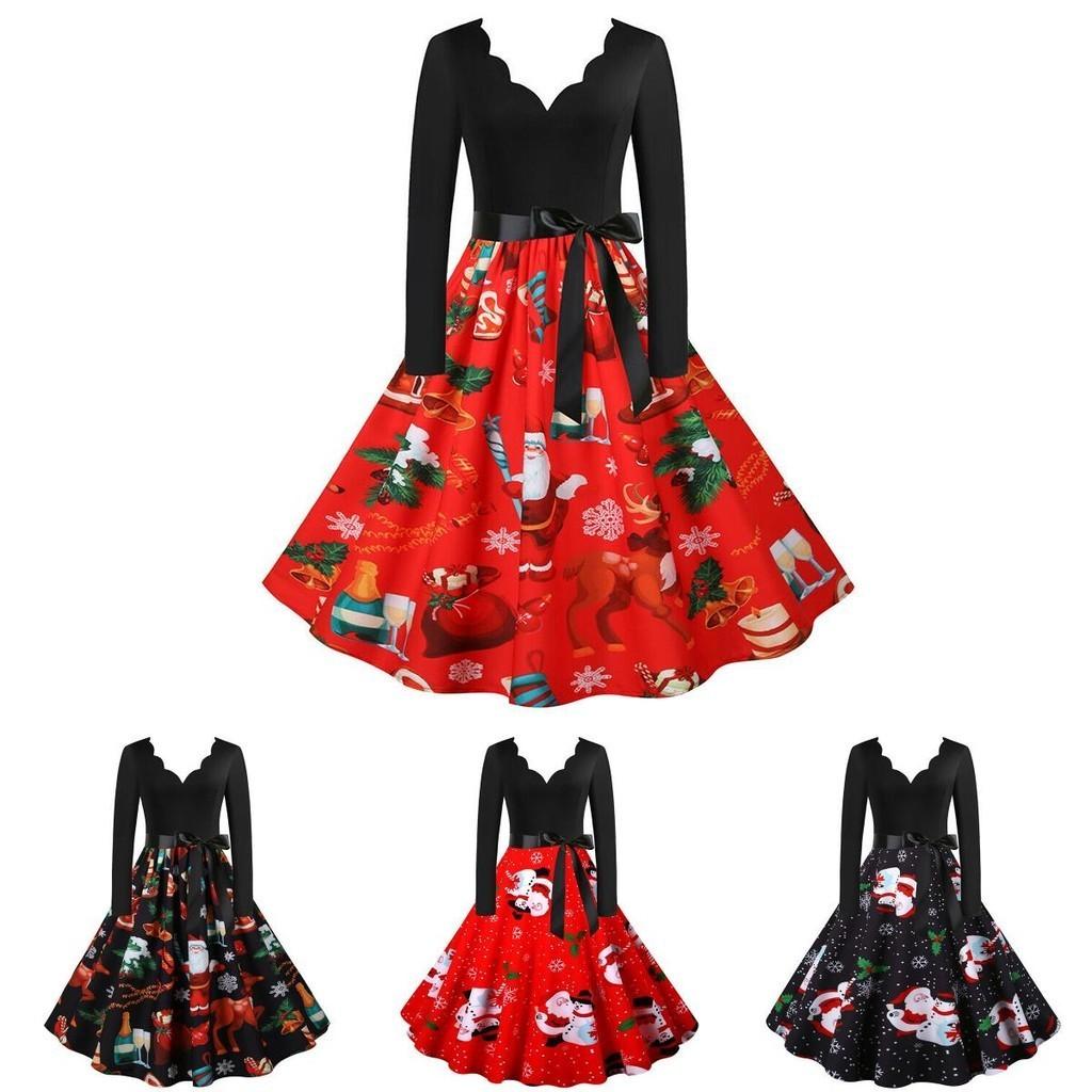 Elegant Santa Claus Print V Neck Christmas Dress For Women In Festive Red And Black