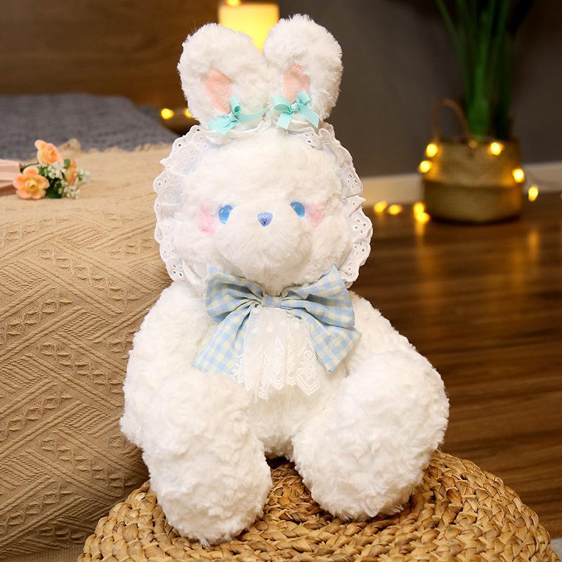 Cute White Bunny Plush Toys with Lace Headwear Soft Stuffed Animals Pillow Kids Birthday Gift Appease Pillow for Bedroom Decor