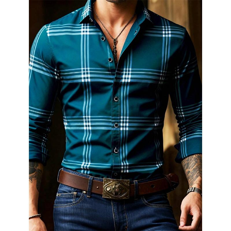 Men's plaid long-sleeved shirt, stylish and casual collared shirt, breathable and versatile top for everyday wear and commuting.