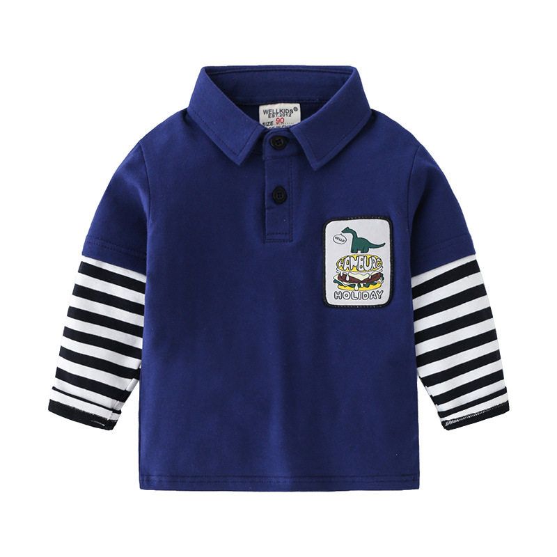 Boys' Fake Two-Piece Tops, Spring and Autumn Children's Clothing, Kids' Polo Shirts, Dinosaur Long-Sleeve T-Shirts, Baby Boys' Collared Shirts