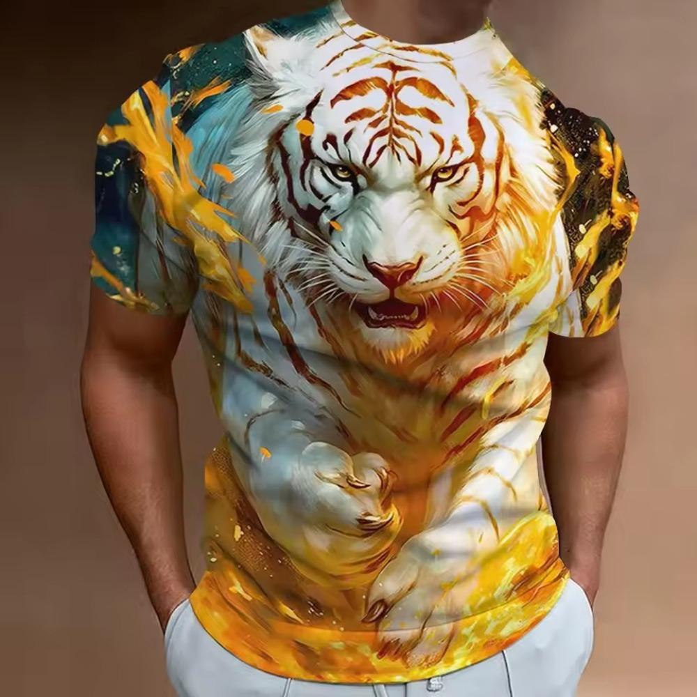 Streetwear Men's Casual T-shirt 3D Digital Printed Tiger Pattern Round Neck Short Sleeved Loose Summer Top Men's T-shirt