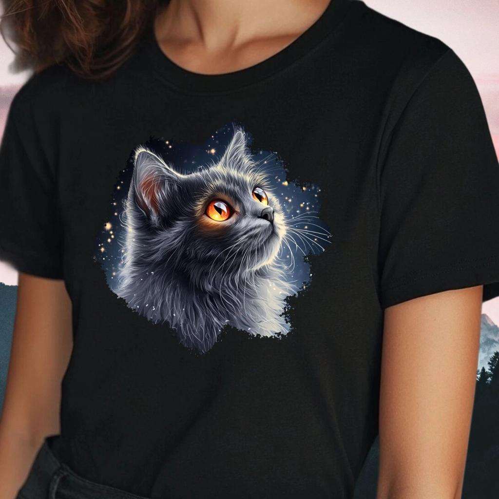 Women's Grey Cat With Glowing Eyes Motif Cotton 100% Cotton T-shirt Mens Tees Top Size S to 3XL-