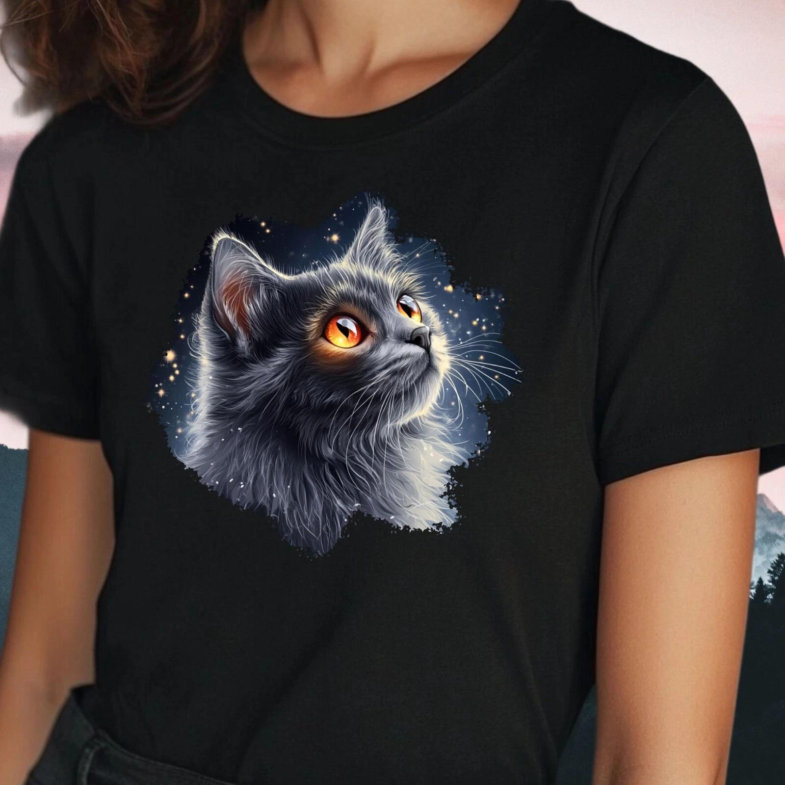 

Женская серая футболка с мотивом кота со светящимися глазами, размер от S до 3XL- 4XL