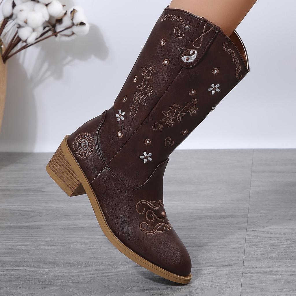 Fashion Aphixta Flower Dec Pointed Toe Knee Boots Women Winter Shoes Side Zip Square Heels Women Boots Big Size 43
