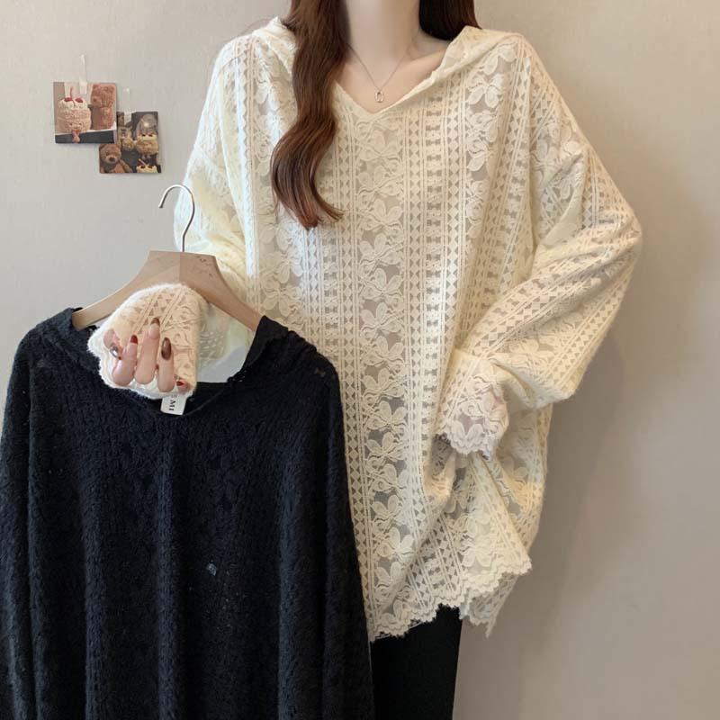 

2026 Spring Hooded Lace Pullover: Women s Plus Size Slimming Loose Fit T-shirt L чёрный