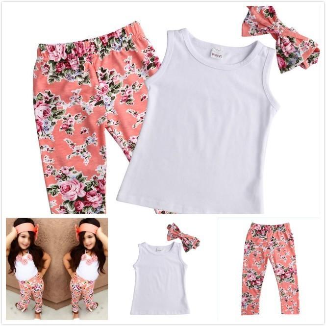Adorable Toddler Girls Kids Floral Tops Pants Trousers Headband 3pcs Outfits Set Clothes