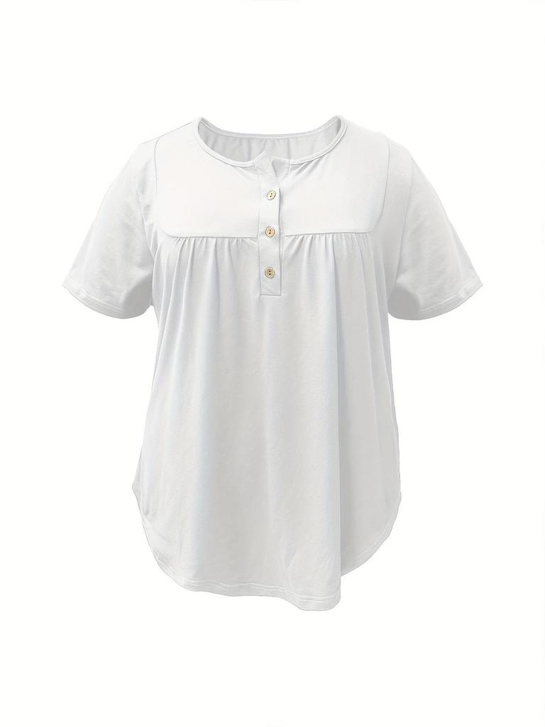 Plus Size Casual Summer T-shirt with Faux Wood Buttons - European and American Loose Fit Women's Top