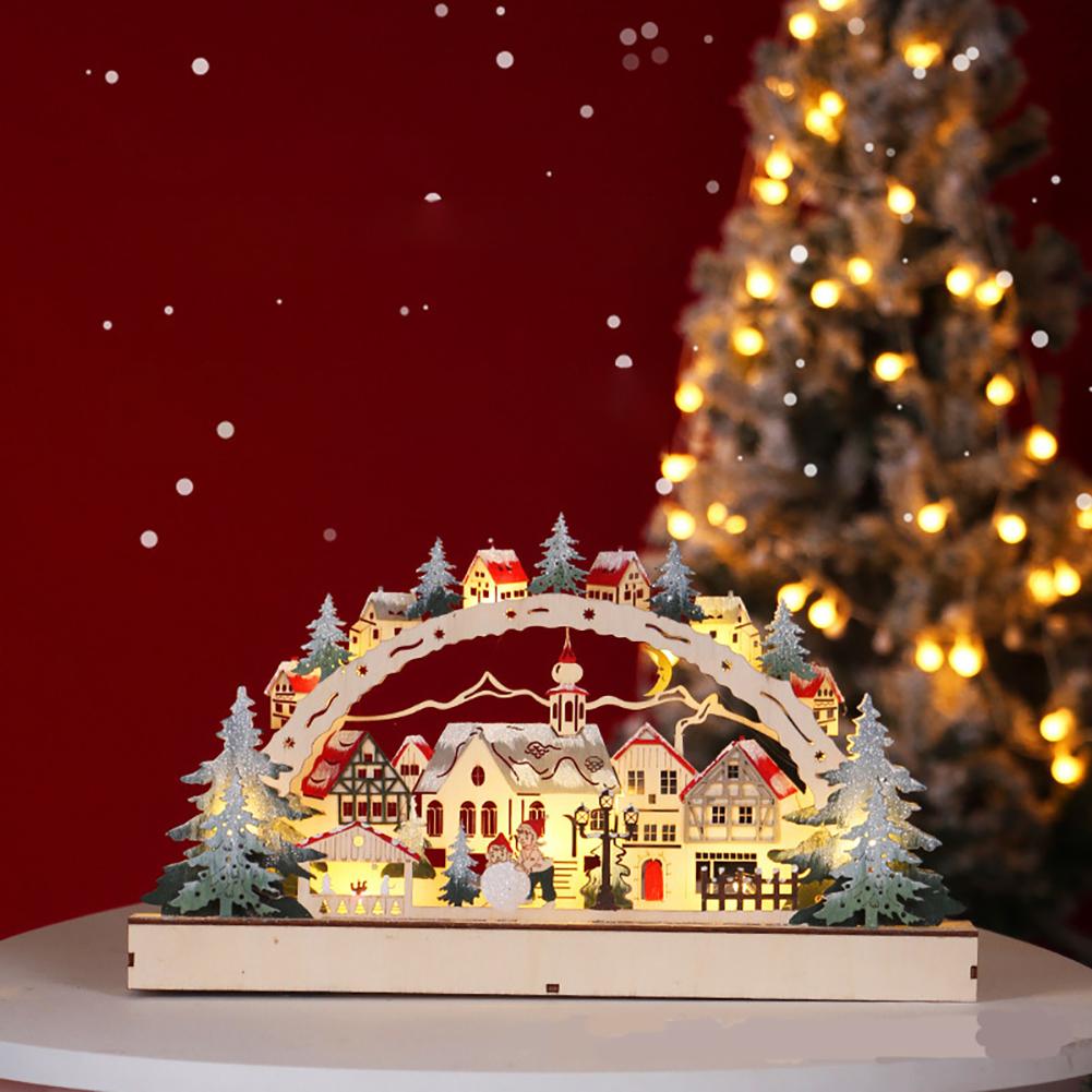 Wood Bridge Village LED Wooden Ornaments Collectible Christmas Decorations Battery Operated Gifts For Holidays Festivals