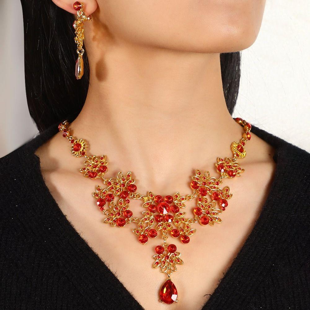 Shining Rhinestone Jewelry Set Exaggerate Women's Jewelry Vintage Earrings Necklace Set  Women