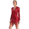 Vestido de dança latina feminino, decote em V, manga comprida, franjas brilhantes de strass, fantasia para apresentações de tango, rumba, cha cha
