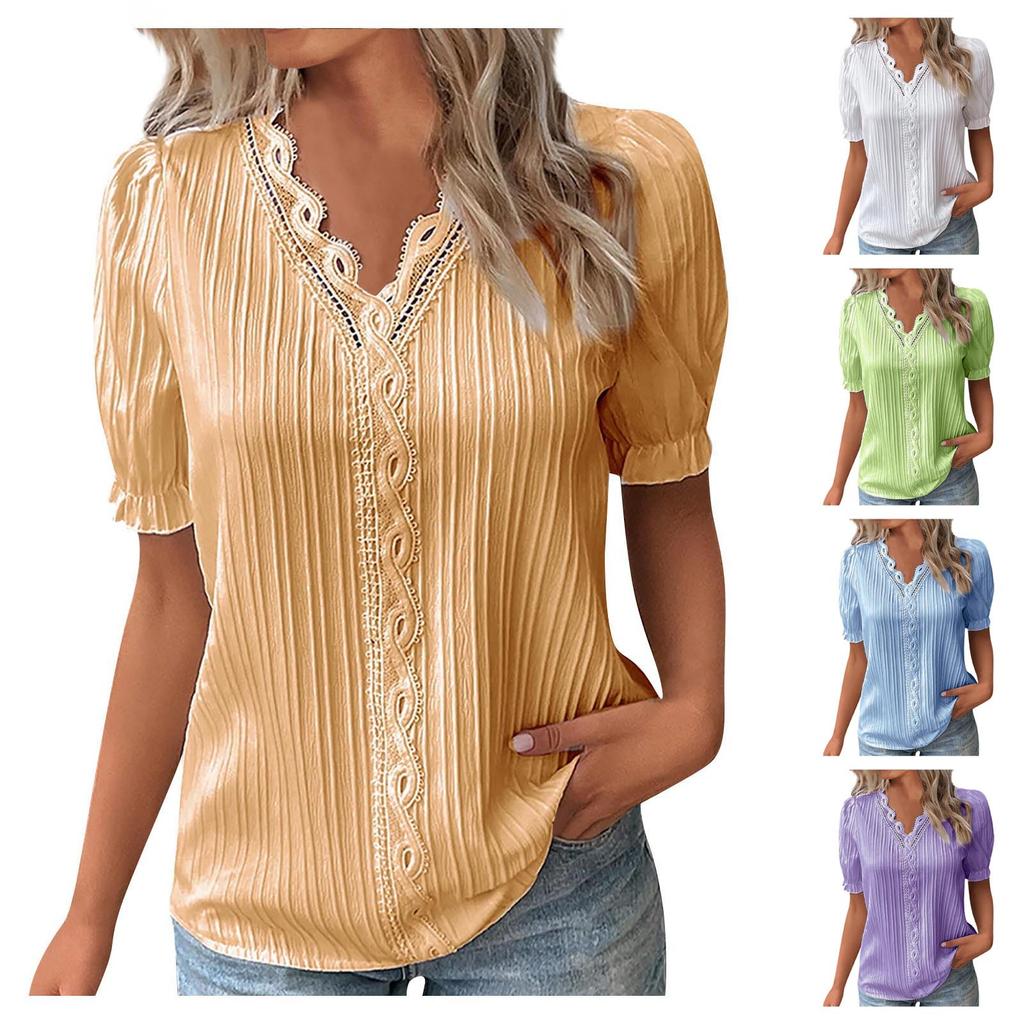 Summer Women's V-neck Lace Print Irregular Ruffle Light Casual Street Style Solid Color T-shirt Tops