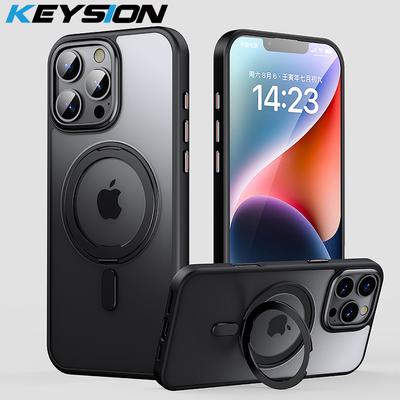 KEYSION 360 ° Rotating Magnetic Ring Stand Case for MagSafe for iPhone 16 Pro Max Transparent Matte Shockproof Phone Back Cover