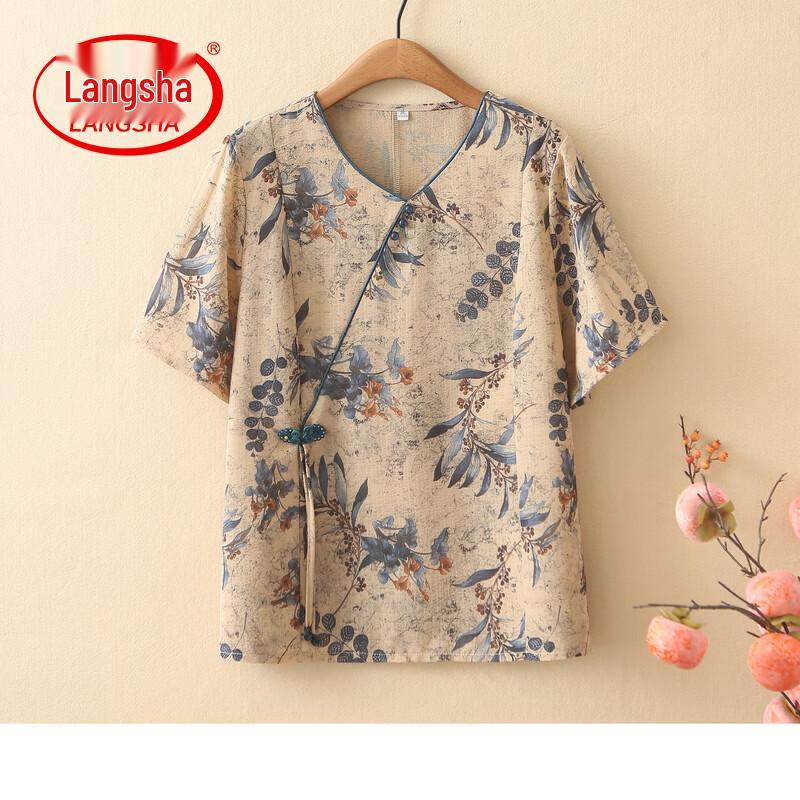 LANGSHA Plus Size Chinese Style Short Sleeve Top for Elderly Women