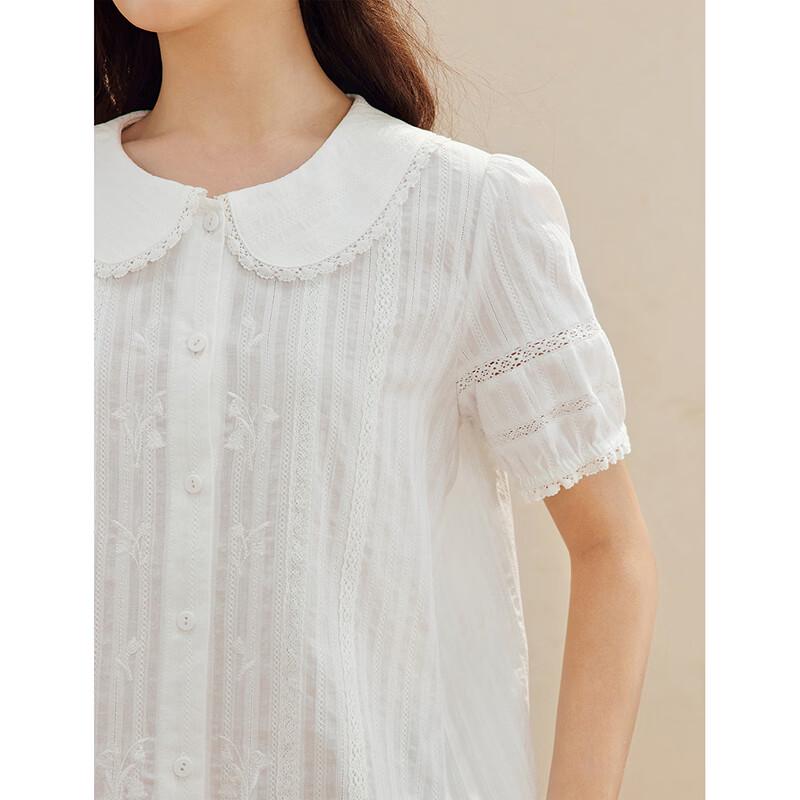 INMAN Damen Xinjiang-Baumwolle Jacquard Spitzenbesatz Kurzarmhemd
