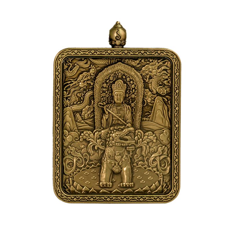 Authentic Retro Brass Manjushri Relief Thangka Gau Box Pendant Necklace