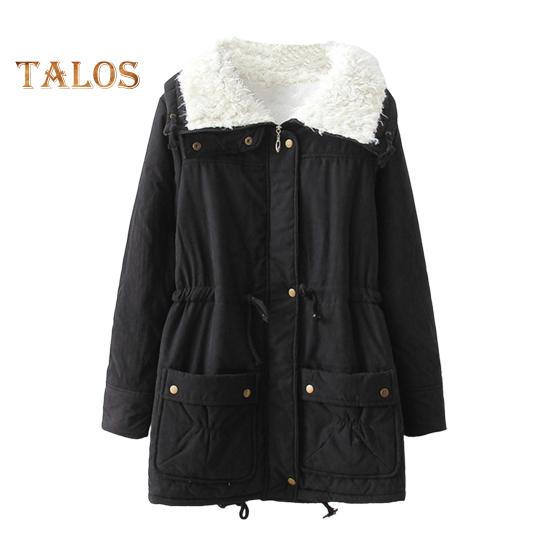 Winter Women Jacket Thickened Plush Turn-down Collar Long Sleeves Elastic Waist Pockets Zipper Closure Coat Mid Length Windproof Warm Coat