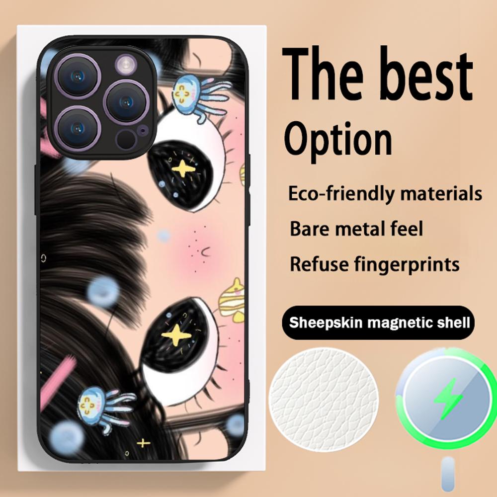 Big-eyed cute girl cartoon design Phone Case For iPhone 16 15 14 13 12 11 Plus Pro Max High-end Luxury Magsafe Sheepskin