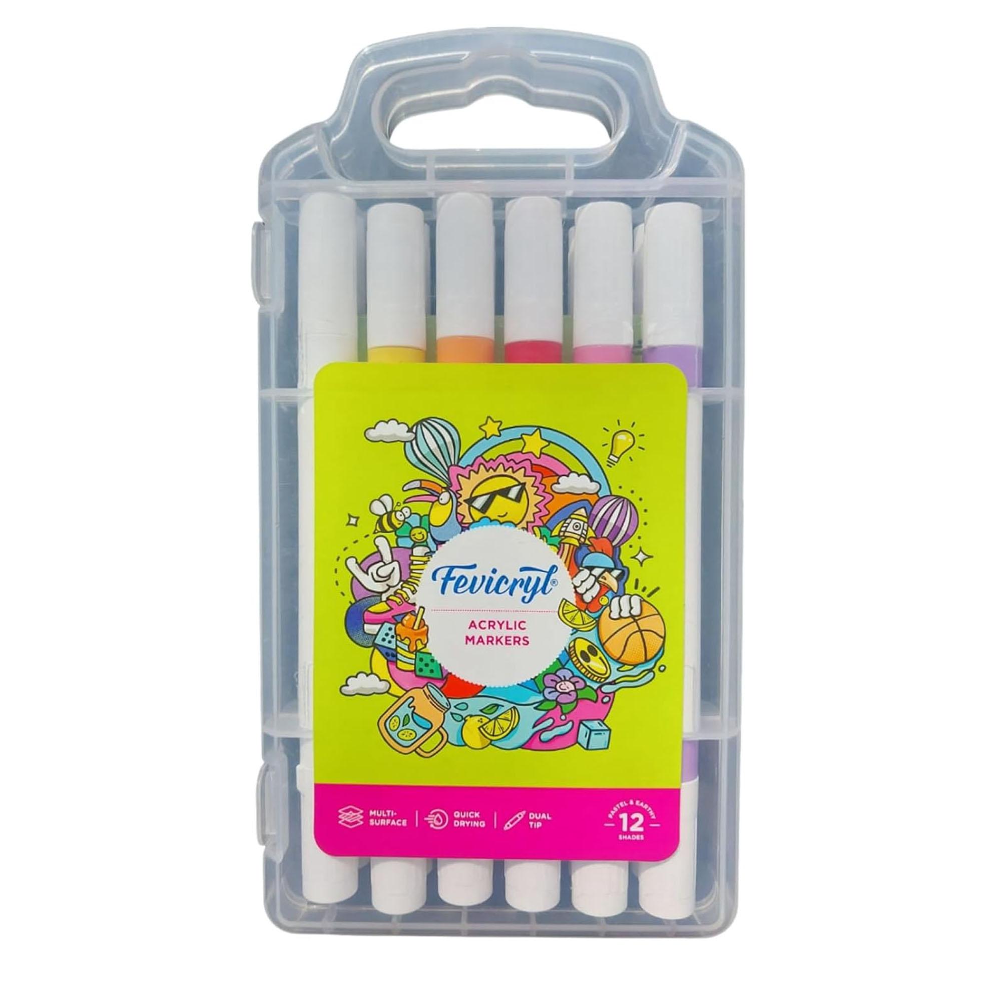 

Fevicryl Acrylic Markers Set 12 Shades DualTip Quick Drying MultiSurface ArtCraft for Paper Wood Canvas Ceramic Fabric ArtSupplies