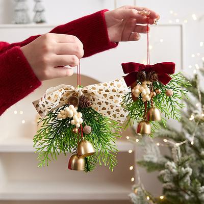 Ornement de suspension de porte Clochettes de Noël Nœud en velours Pendentifs cloche pomme de pin Pour décoration de Noël Cadeau de Noël Noël