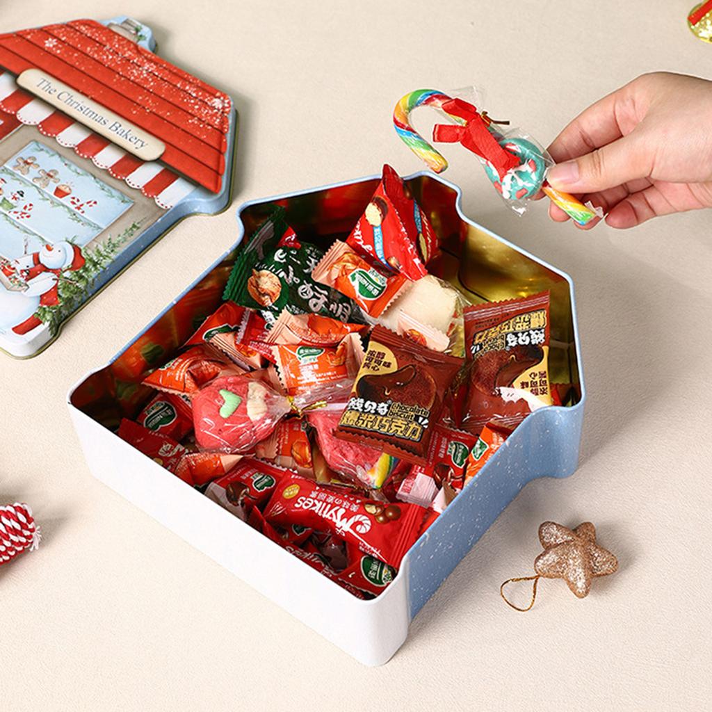 Festive Christmas House Shaped Tin Box Holiday Decorative Metal Container For Holiday Decor And Candy Storage Organizer