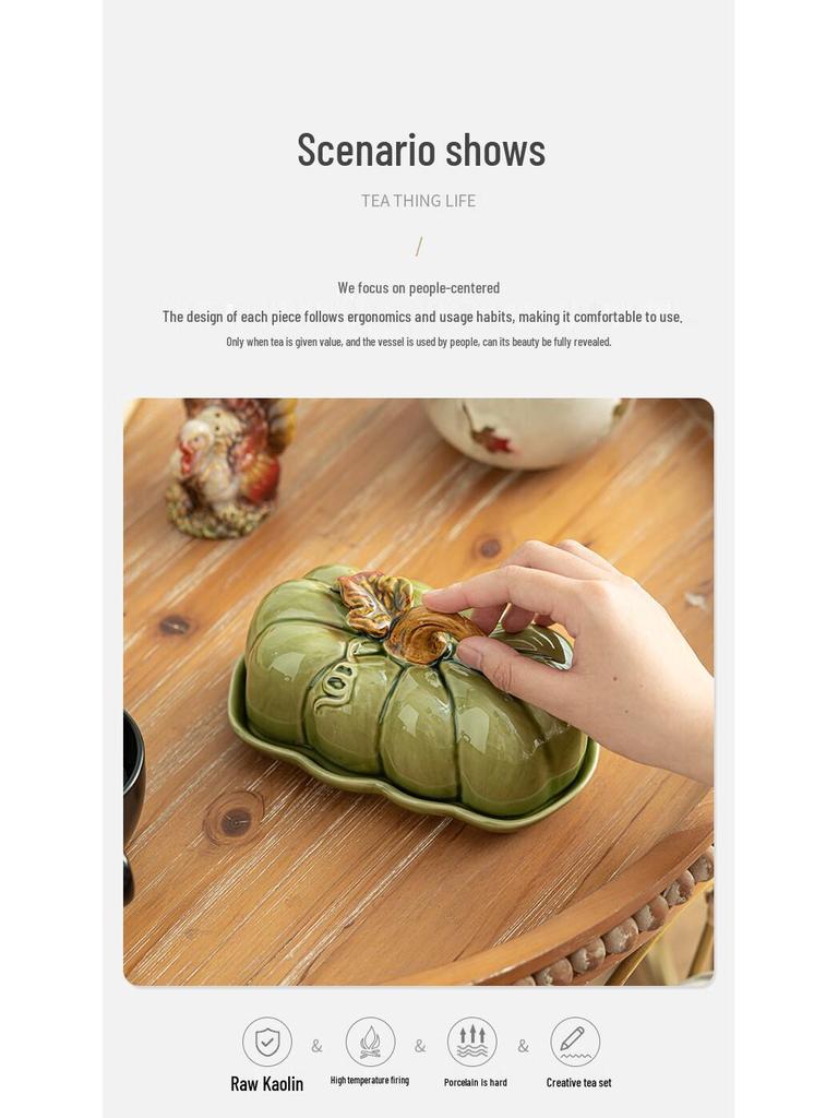 Su-style Green Ceramic Pumpkin Dish for Bread, Cake, Snacks, and Candy