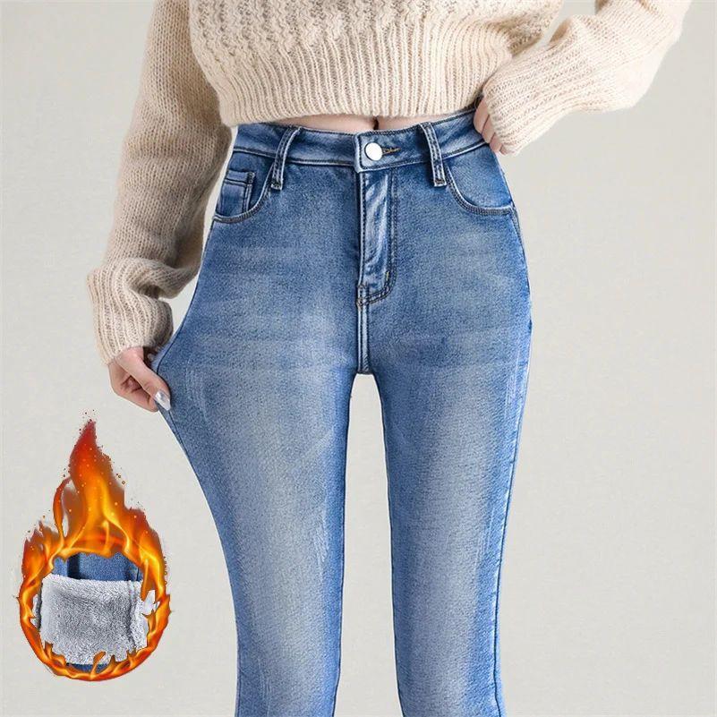 Women Thermal Jeans Winter Snow Warm Plush Stretch Jeans Lady Skinny Thicken Fleece Denim Long Pants Retro Blue Pencil Trousers
