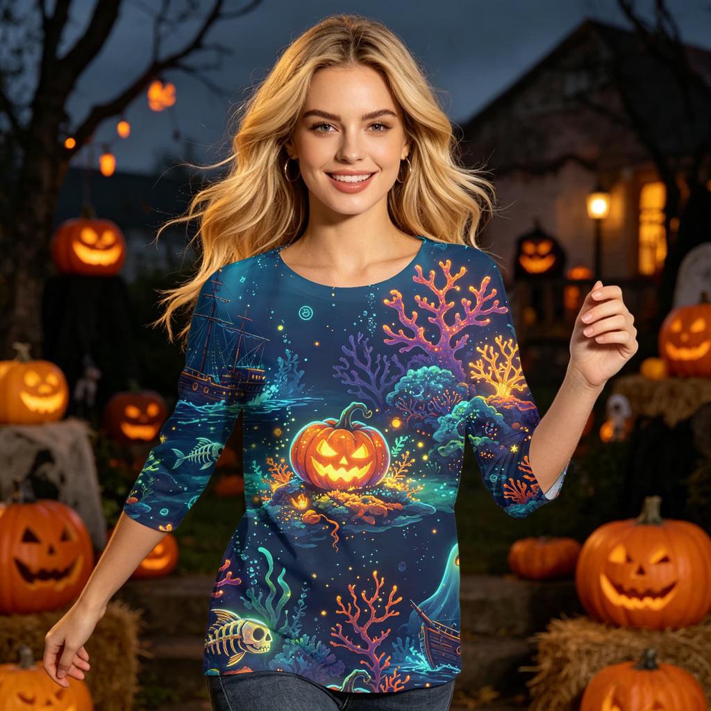 Women's Casual 3/4 Sleeve Halloween Printed Round Neck Top Lightweight Comfortable Fit Soft Fabric Pullover Shirt for Seasonal Wear