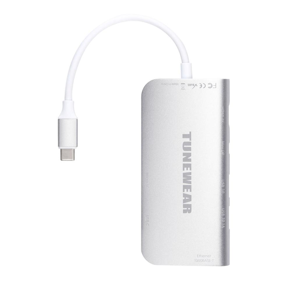 TUNEWEAR ALMIGHTY DOCK C2 Multi USB Hub Ethernet 4K Mini DisplayPort Silver TUN-OT-000041