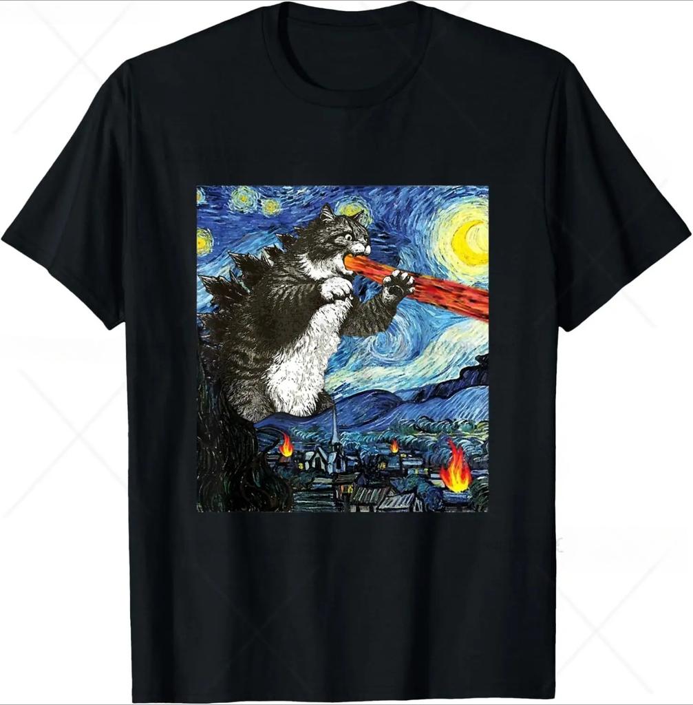 Funny Cartoon Comic Style Japanese Art Catzilla Cat Gifts for Women TShirt Unisex Cotton Oneck Tee Top Fashion Fitness T Shirt