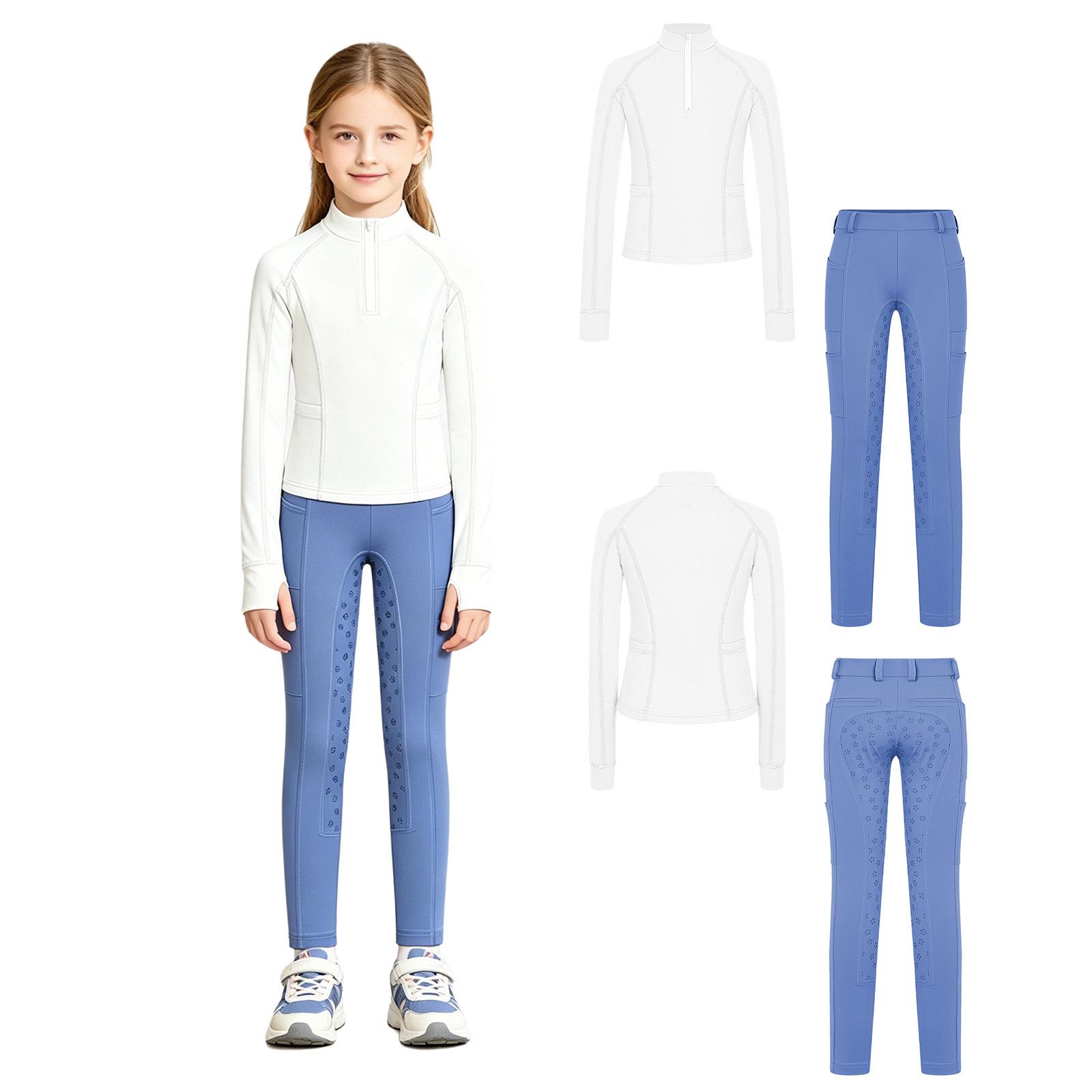 

Kids Girls Horse Riding Outfit Stand Collar Long Sleeves Thumb Holes Zip Up Pullover with Anti Slip Full Seat Equestrian Breeches Pants for Training 3-4 Years