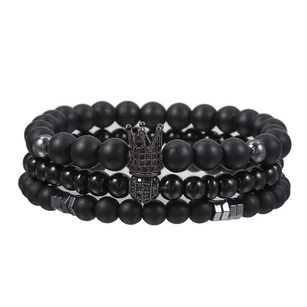 Matte Black Cubic Zirconia Ball & UFO Pendant Braided Bracelet Set