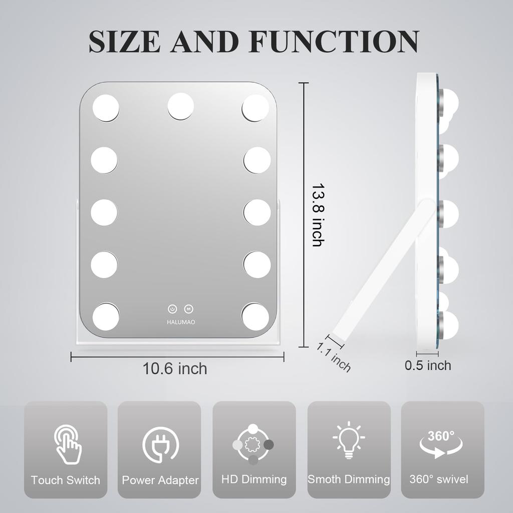 Actress Mirror, Tabletop Mirror, Hollywood Mirror, with 11 LED Bulbs, Three Color Lighting Modes, and Brightness Adjustment