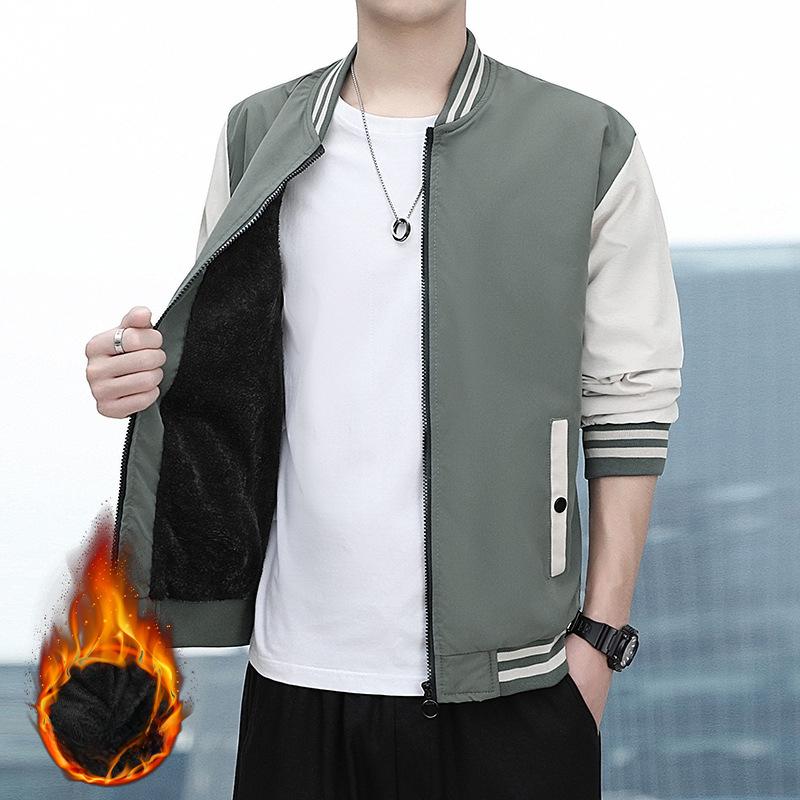 Jacket Jacket Men s New Autumn and Winter Baseball Collar Loose Casual Top Green Plus Velvet Warm Baseball Uniform M