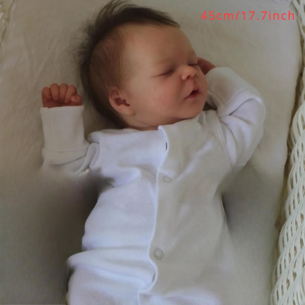 BZDOLL 45cm 17.7inch Soft Vinyl Asleep Reborn Baby Art Doll with 3D-paint Skin and Visible Veins Cloth Body Newborn Bebe Toy for Girl Kids Gift