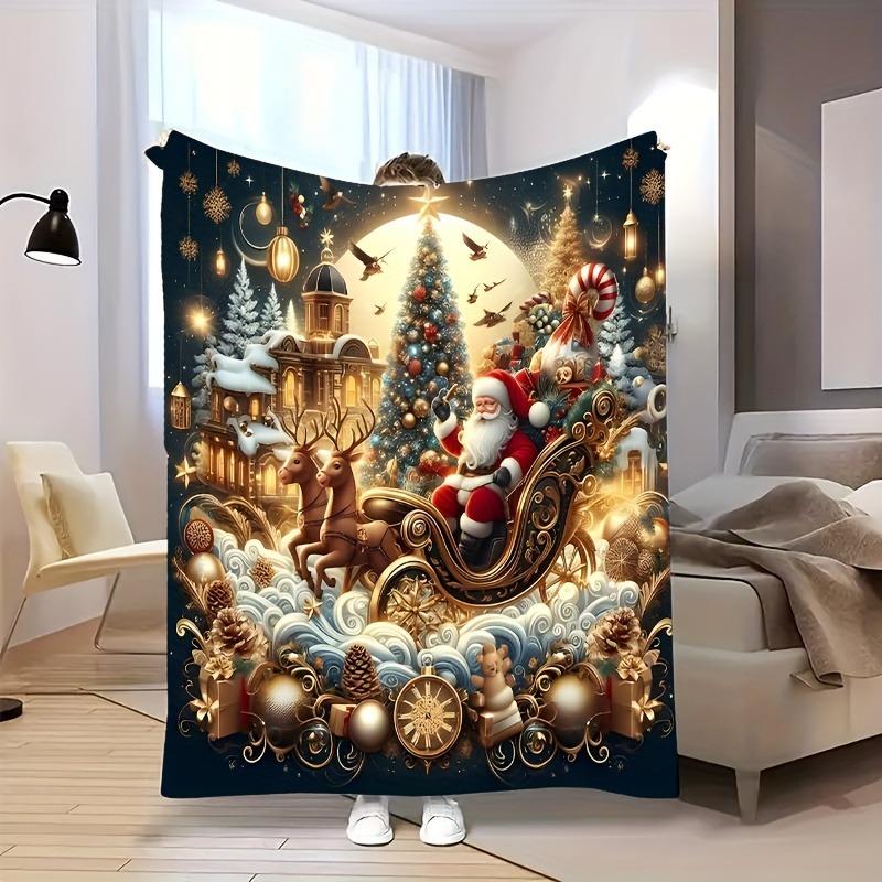 1pc Christmas Santa Sleigh Printed Blanket ,Sofa, Bed, Travel, Lunch Break, Flannel Blanket.