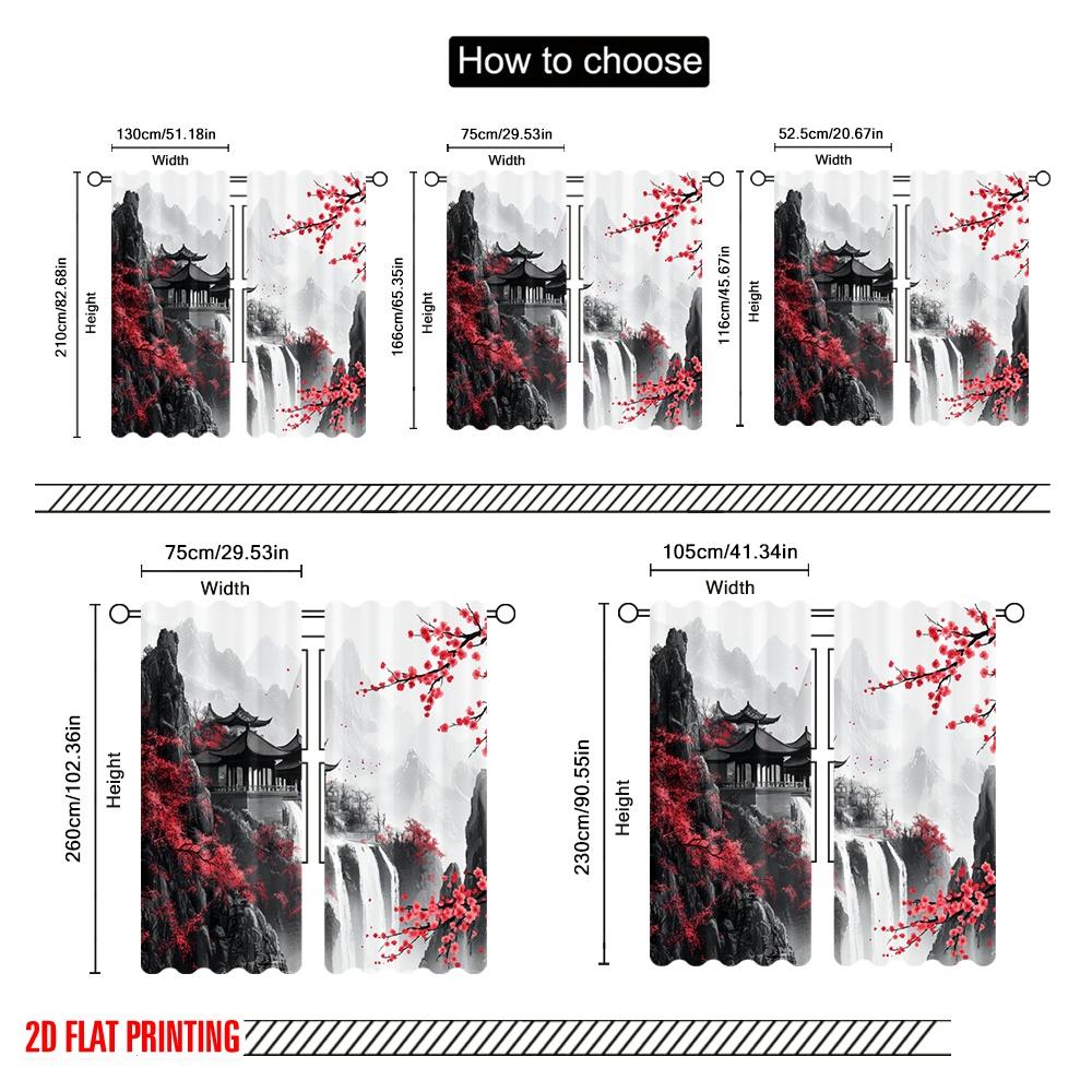 2pcs,2D Plane Printing Print Curtains Cherry Blossom Fortress Polyester (without Rod) Decorations Outdoor Ldeal for Bedroom,