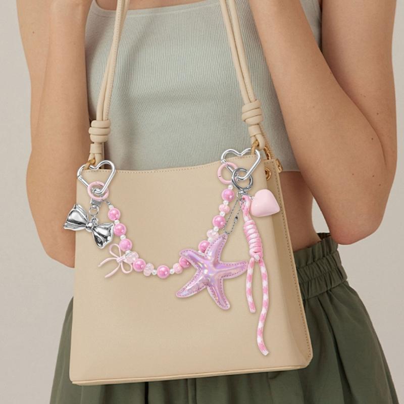 Stylish Beaded PU Leather Lace Bows Bag Charm Elegant Handbag Accessory Bags Keychain Holder For Women Girls