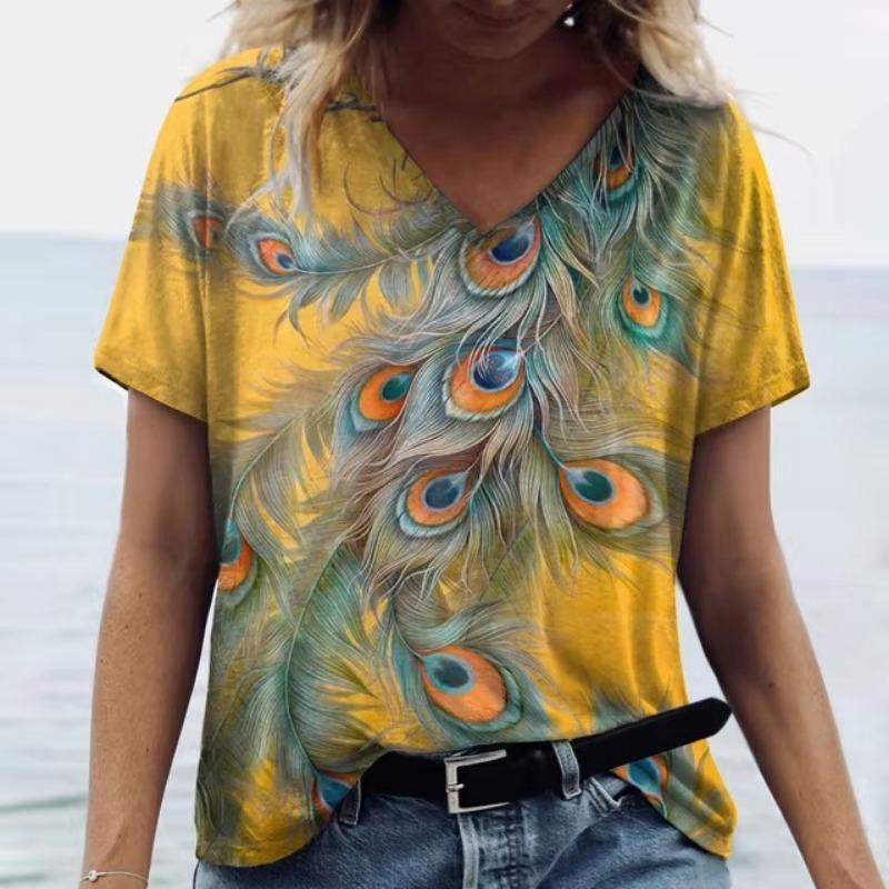 Summer V Neck Women T-Shirts 3D Print Peacock Feather Graphic Fashion Short Sleeve Harajuku Y2k Top Oversized Casual Female T Shirt