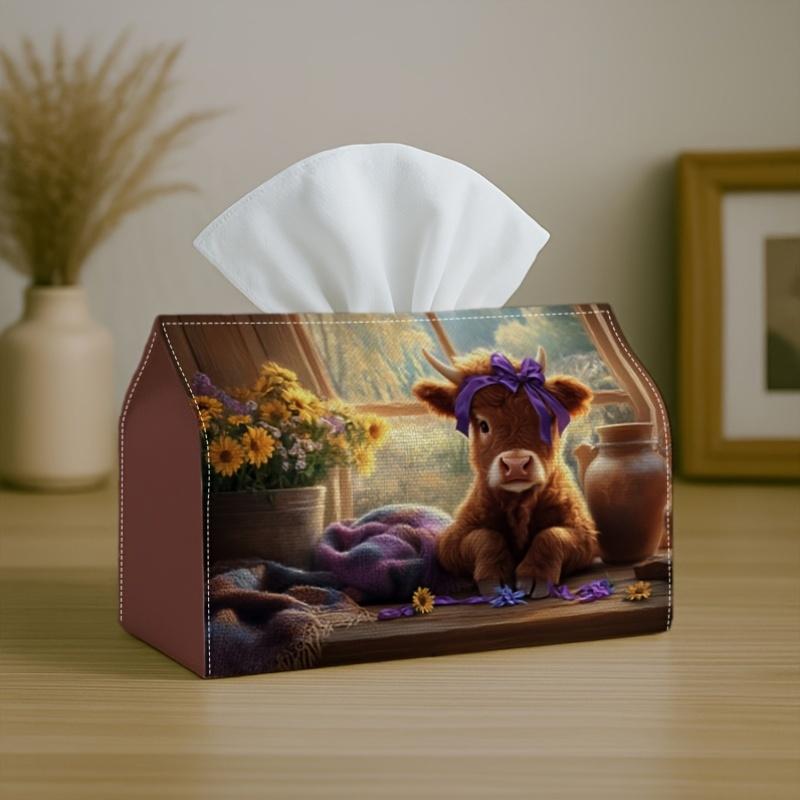 1pc Comfortable Rustic Farmhouse Tissue Holder Featuring a Cow with a Highland Purple Bow And Sunflower - Napkin Storage Organizer Suitable for Kitche