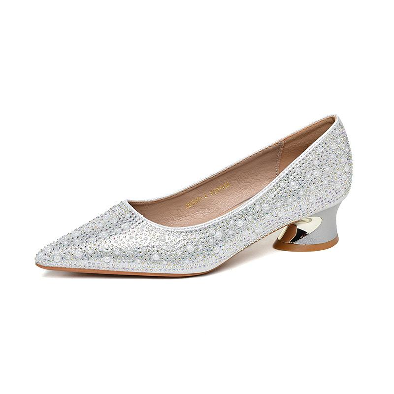 Autumn new rhinestone thick heel single shoes women's 2025 versatile pointed comfortable middle heel women's shoes Xi mother-in-law wedding shoes