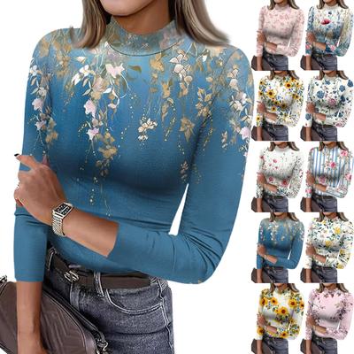 Women's Slim Bottom T,shirt Fashion Casual  Printing Round Neck Pullover 3/4 Sleeve Top