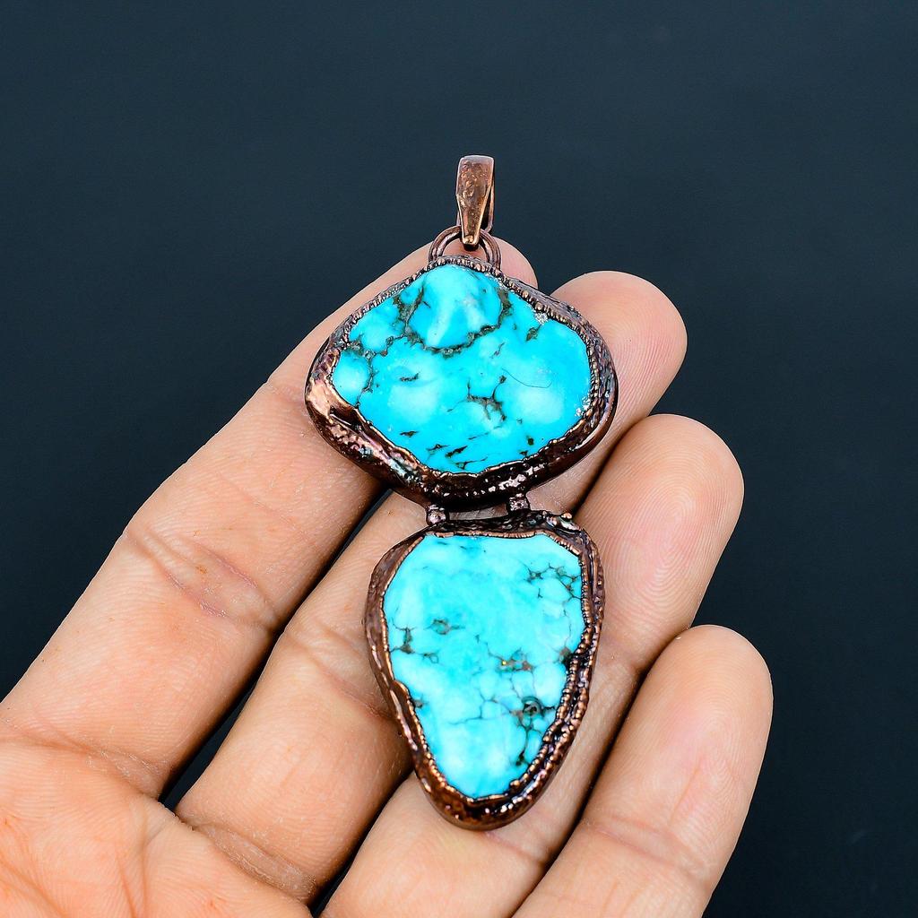 Blue Turquoise Tumble Pendant Handmade Gemstone Jewelry, Copper Electroformed Pendant ,Unique Design Jewelry Pendant
