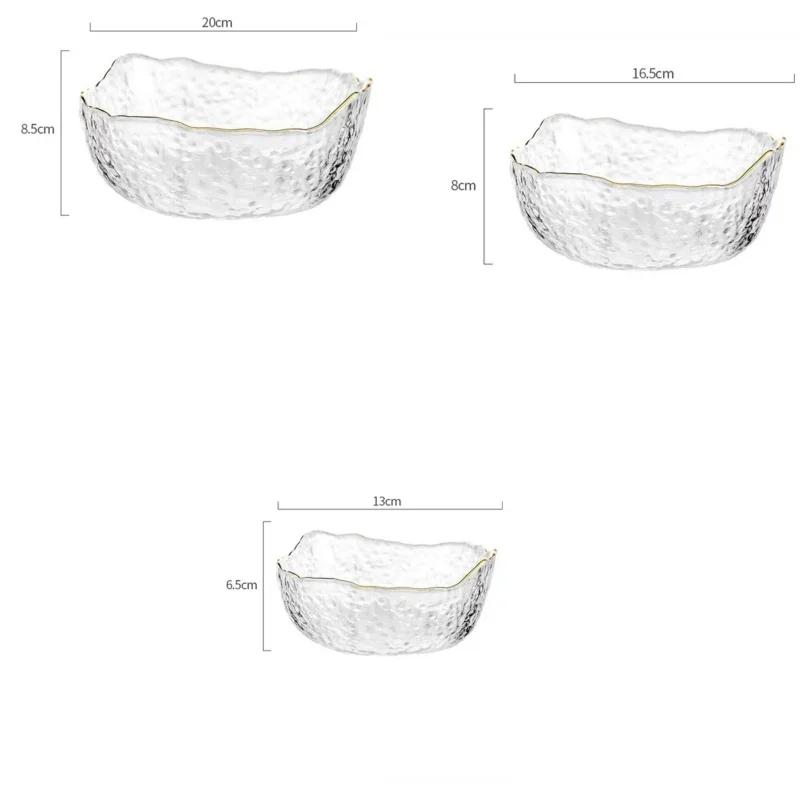 Japanese Style Iceberg Glass Bowl with Glod Rim Transparent Salad Fruit Soup Dessert Snack Foods Mixing Bowl Tea Wash Large