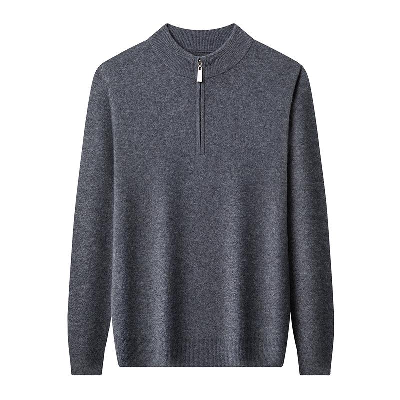 Men's 100% Pure Wool Half-Zip Thickened Sweater, High-End Solid Color Knitwear for Autumn/Winter