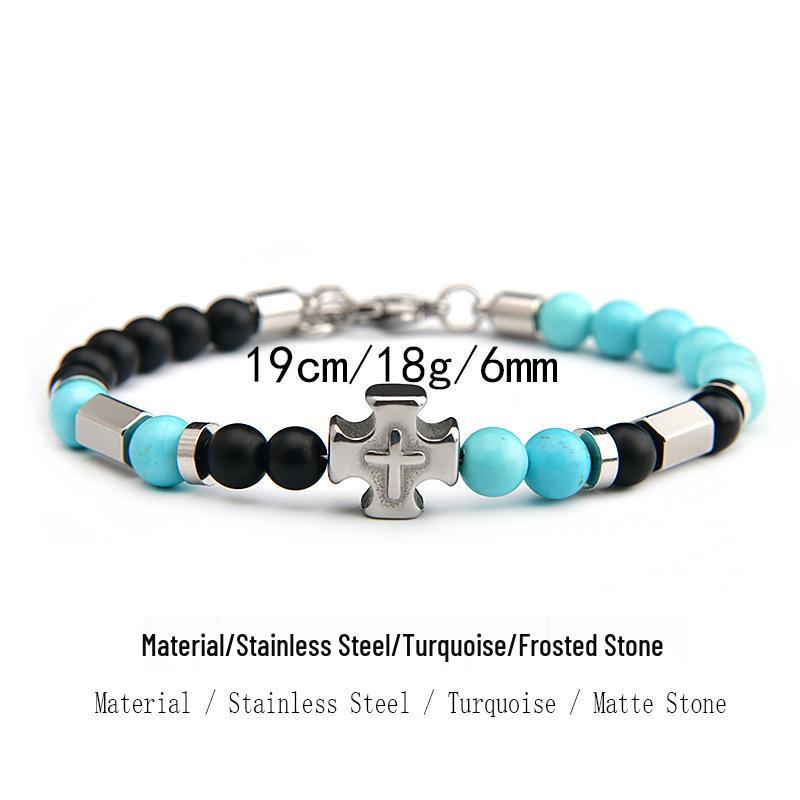 Stainless Steel Double-Sided Cross & Tiger Eye Beaded Bracelet for Men, Adjustable European & American Style
