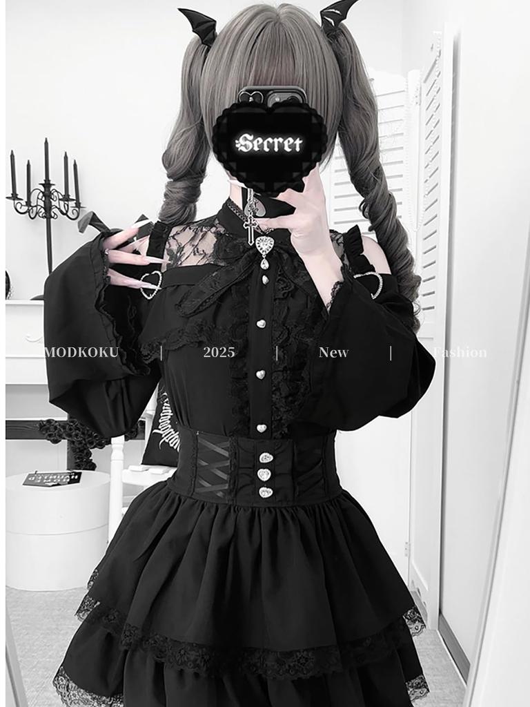 Lolita Kleid mit Prinzessin Gothic Lolita Stilvoll Große Größe L [MODKOKU] Damen Off-Shoulder Ärmel, Massenware Spitze, Stil, Rüschen, Schnürung