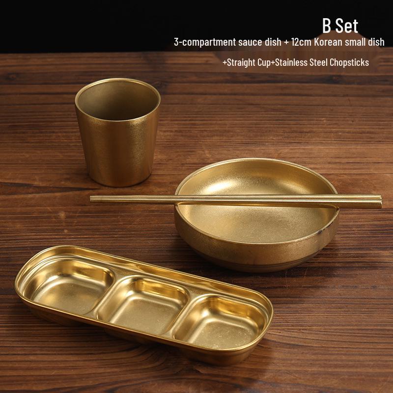 Retro Gold Stainless Steel Tableware Set: Rectangular Plate, Seasoning Dish, Bowl, Water Cup, Chopsticks, Spoon.